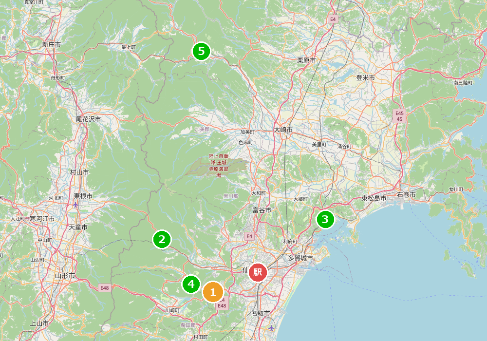 カニ 食べ放題の宿5軒と仙台駅の位置関係地図