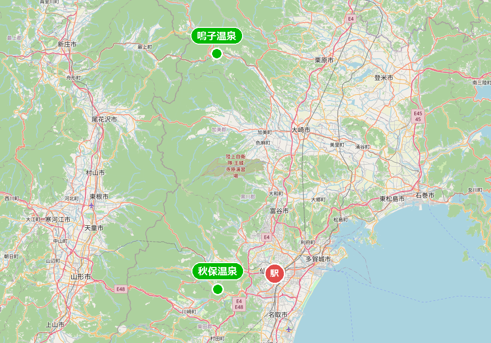 宮城県 部屋食の宿がある温泉地2つと仙台駅の位置関係地図