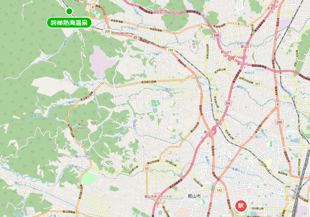福島県 部屋食の宿がある磐梯熱海温泉と郡山駅の位置関係地図