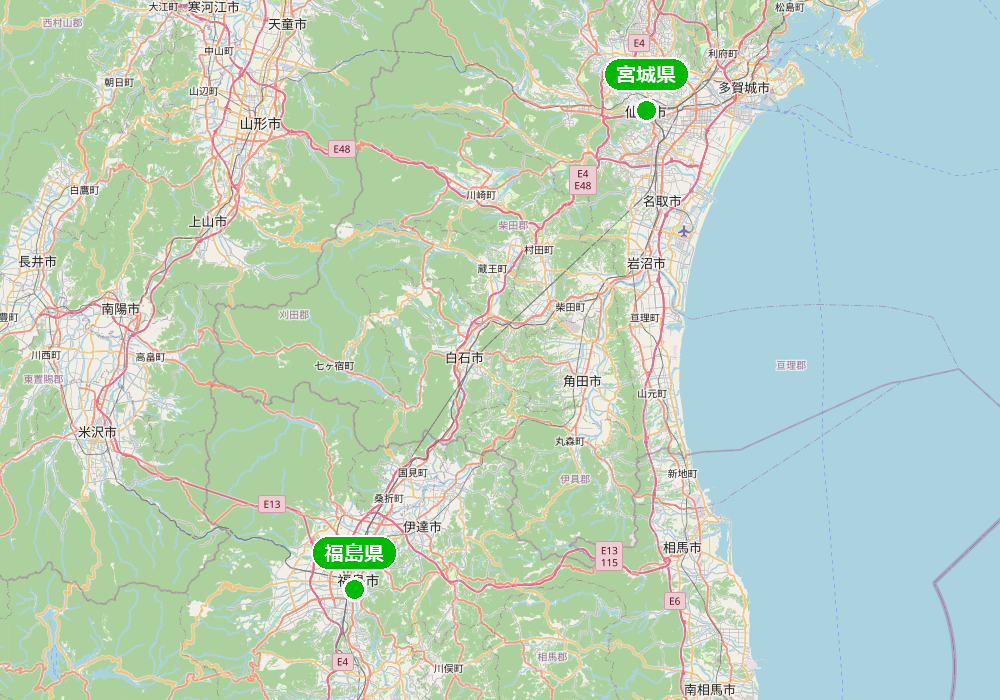 東北で部屋食の宿がある県2つの位置関係地図