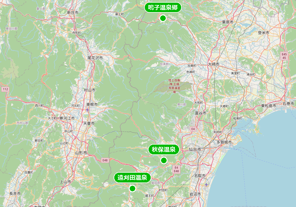 宮城県 温泉地の位置関係地図