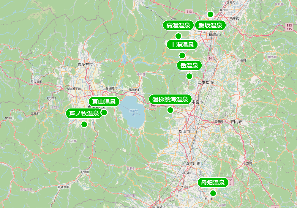 福島県の温泉地8か所の位置関係地図(磐梯熱海・芦ノ牧・東山・飯坂・高湯・土湯・岳・母畑)