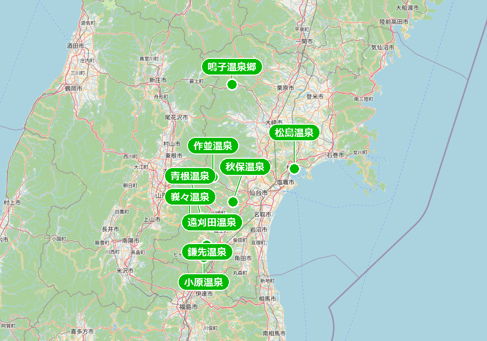 宮城県の温泉地9か所の位置関係地図(秋保・鳴子温泉郷・遠刈田・作並・青根・峩々・鎌先・小原・松島)