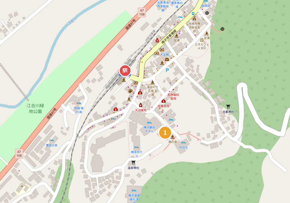 鳴子温泉 ゆさや旅館と鳴子温泉駅・共同浴場 滝の湯の位置関係地図