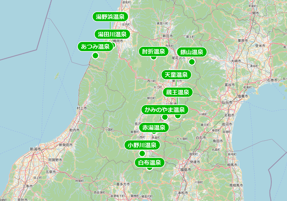 山形県の温泉地11か所の位置関係地図（蔵王・かみのやま・天童・銀山・肘折・赤湯・小野川・白布・湯野浜・湯田川・あつみ）