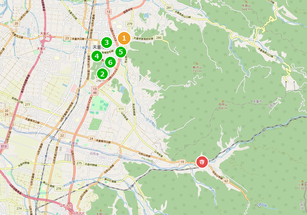 天童温泉の宿6軒と山寺（立石寺）の位置関係地図