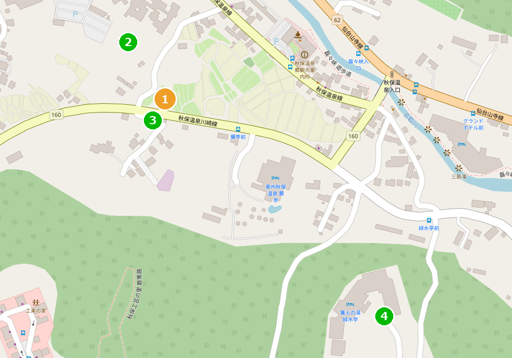 秋保温泉 親を連れて行くの宿4軒との位置関係地図