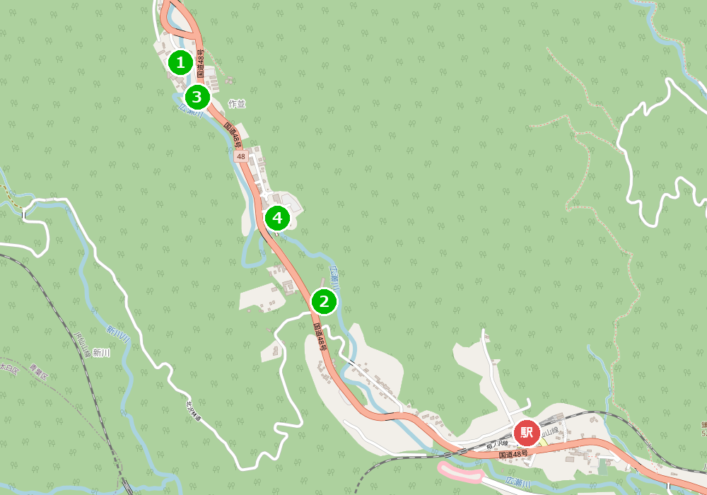 作並温泉の宿4軒と作並駅の位置関係地図